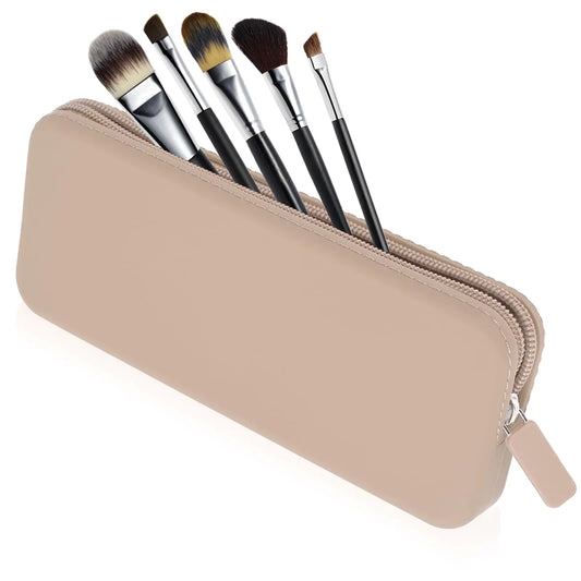 Sakolla Travel Makeup Brush Holder Silicone Makeup Brush Bag with Zipper Closure Makeup Brushes Organizer Case Washable Makeup Pouch Holder Case for Daily Work Essentials Khaki